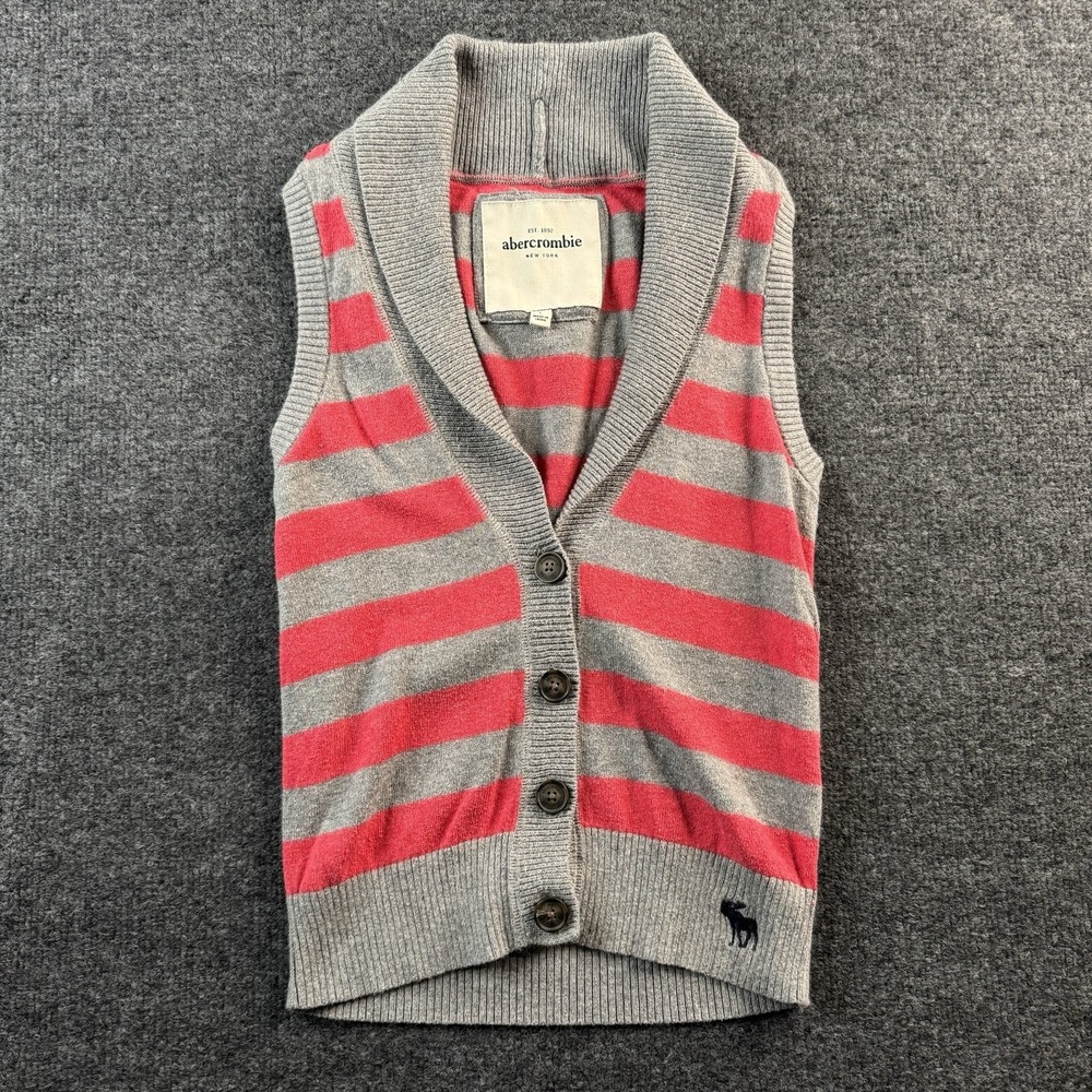 Abercrombie & Fitch Sweater Vest Women Large Gray Pink Striped Shawl Collar